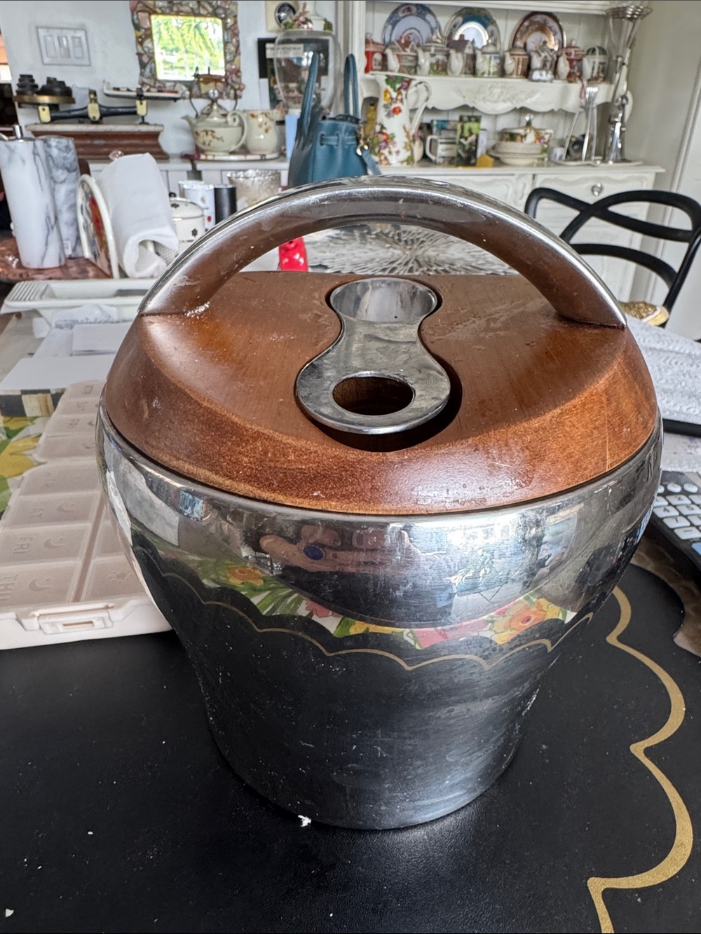 Nambe Brown Wood Lid and Silver Stainless Ice Bucket with Handle